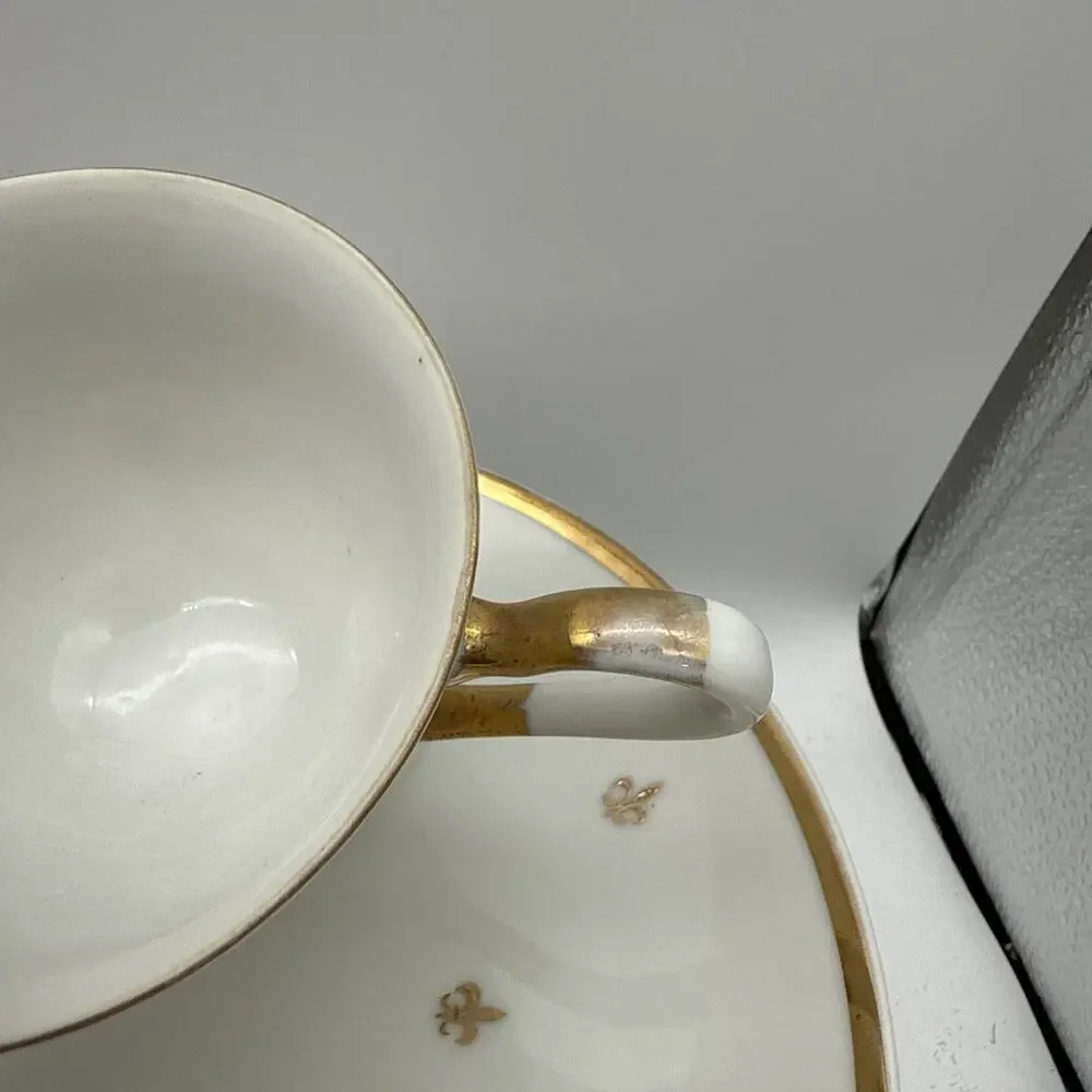 Set Of 7 (50-60's) Fleur de Lis Snack Set Gold & White -Plates & Tea/Coffee Cups